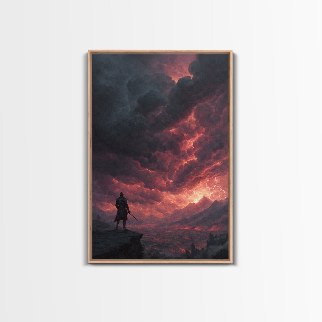 Lone Warrior Under Crimson Lightning Storm Wall Art, Dark Fantasy Landscape, Medieval Castle Decor, Dramatic Gothic Poster