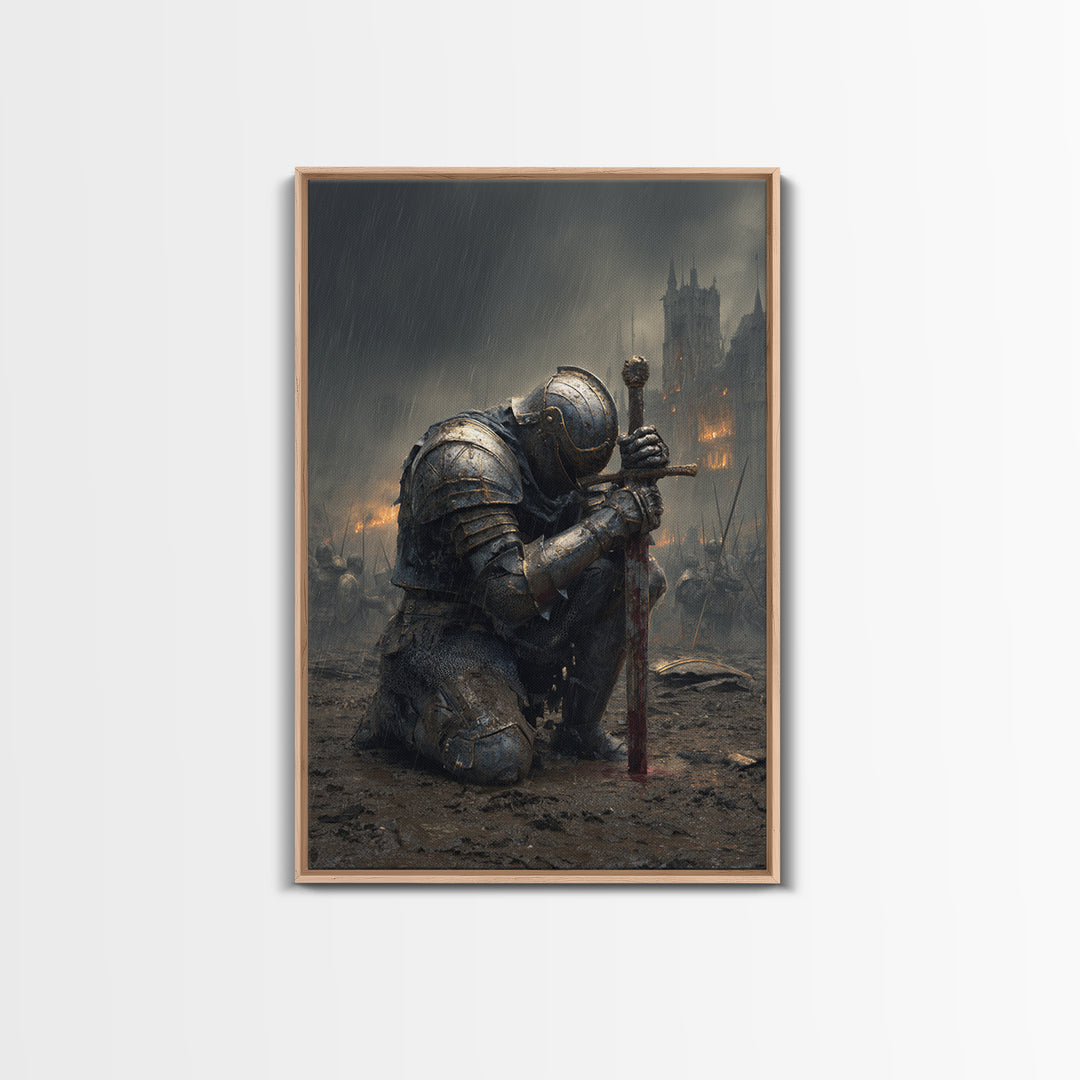 Kneeling Knight In Rainy Battlefield Framed Canvas Print, Dark Medieval Wall Decor, Gothic Castle Art, Gift For Him, Office Decor