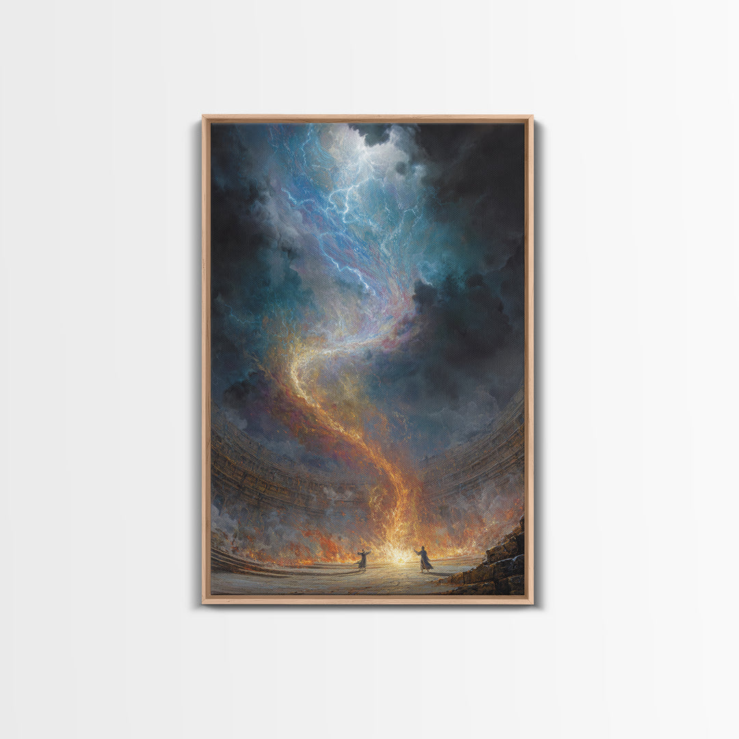 Celestial Firestorm Vortex In Ancient Arena Canvas Print, Epic Fantasy Wall Art, Cosmic Lightning Decor, Dramatic Poster
