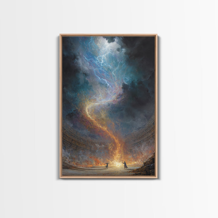 Celestial Firestorm Vortex In Ancient Arena Canvas Print, Epic Fantasy Wall Art, Cosmic Lightning Decor, Dramatic Poster