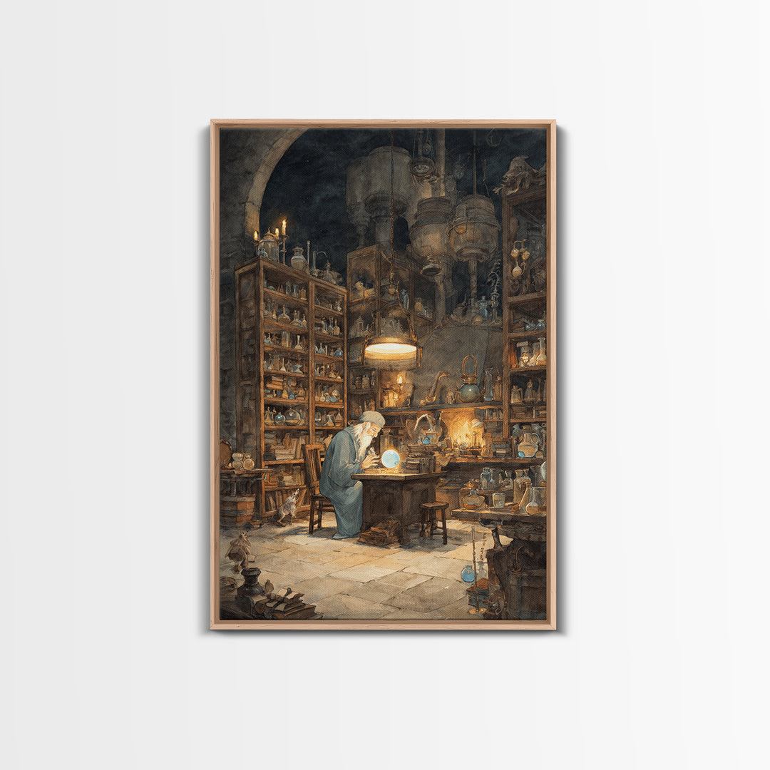 Moonlit Alchemist Workshop With Glowing Orb Wall Art, Dark Academia Decor, Fantasy Library Print, Whimsical Office Poster