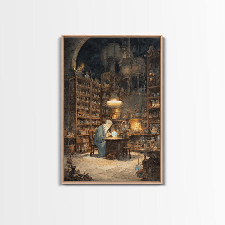 Moonlit Alchemist Workshop With Glowing Orb Wall Art, Dark Academia Decor, Fantasy Library Print, Whimsical Office Poster