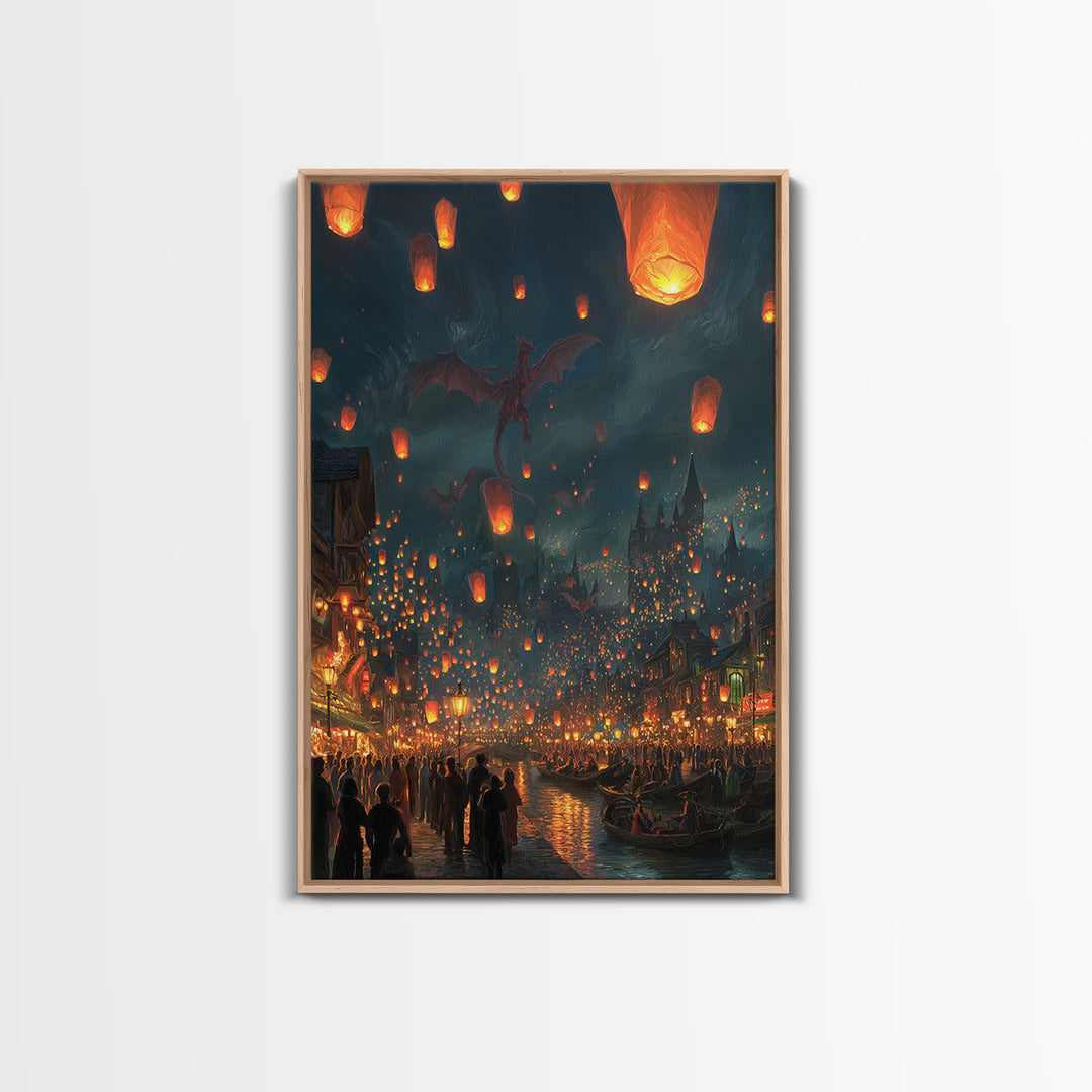 Dragon Lantern Festival Over Medieval Harbor Framed Canvas Print, Fantasy Wall Art, Magical City Decor, Whimsical Poster