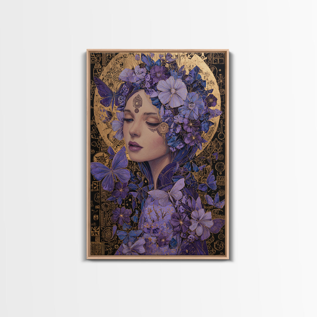 Purple Floral Goddess Portrait Wall Art, Art Nouveau Butterfly Decor, Feminine Celestial Canvas Print, Gift For Her, Boho Wall Decor