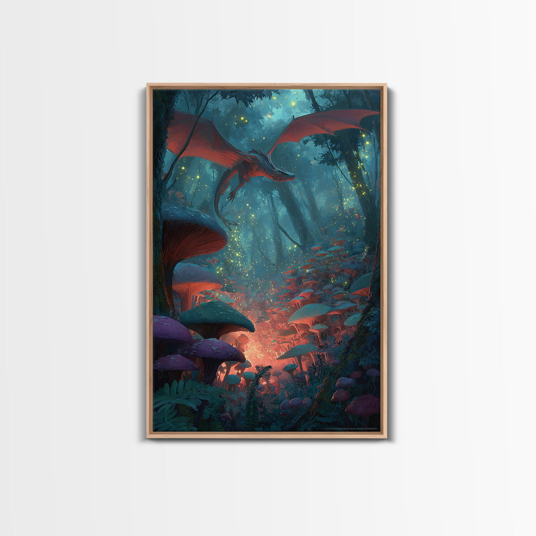 Red Dragon In Glowing Mushroom Forest Canvas Print, Enchanted Fantasy Wall Art, Woodland Nursery Decor, Magical Poster, Kids Room Art