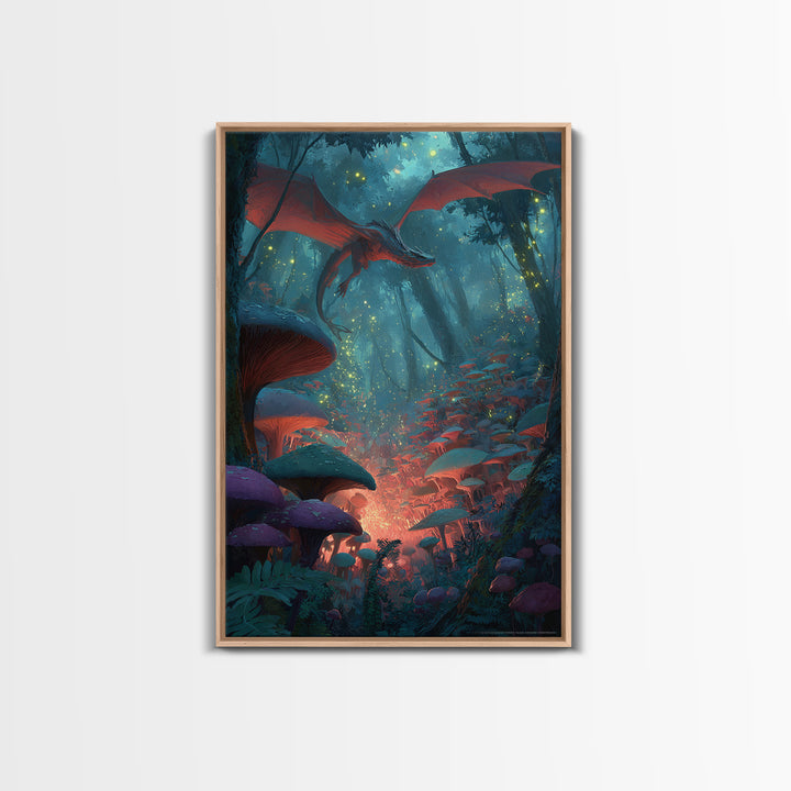 Red Dragon In Glowing Mushroom Forest Canvas Print, Enchanted Fantasy Wall Art, Woodland Nursery Decor, Magical Poster, Kids Room Art