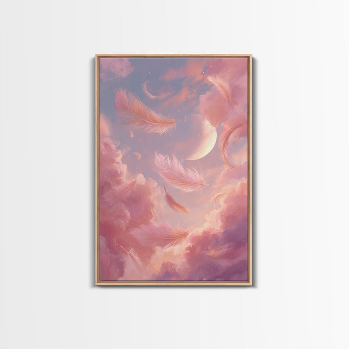 Crescent Moon Feather Wall Art, Pink Cloud Celestial Canvas, Dreamy Nursery Decor, Whimsical Bedroom Print Gift For Her, Pastel Decor