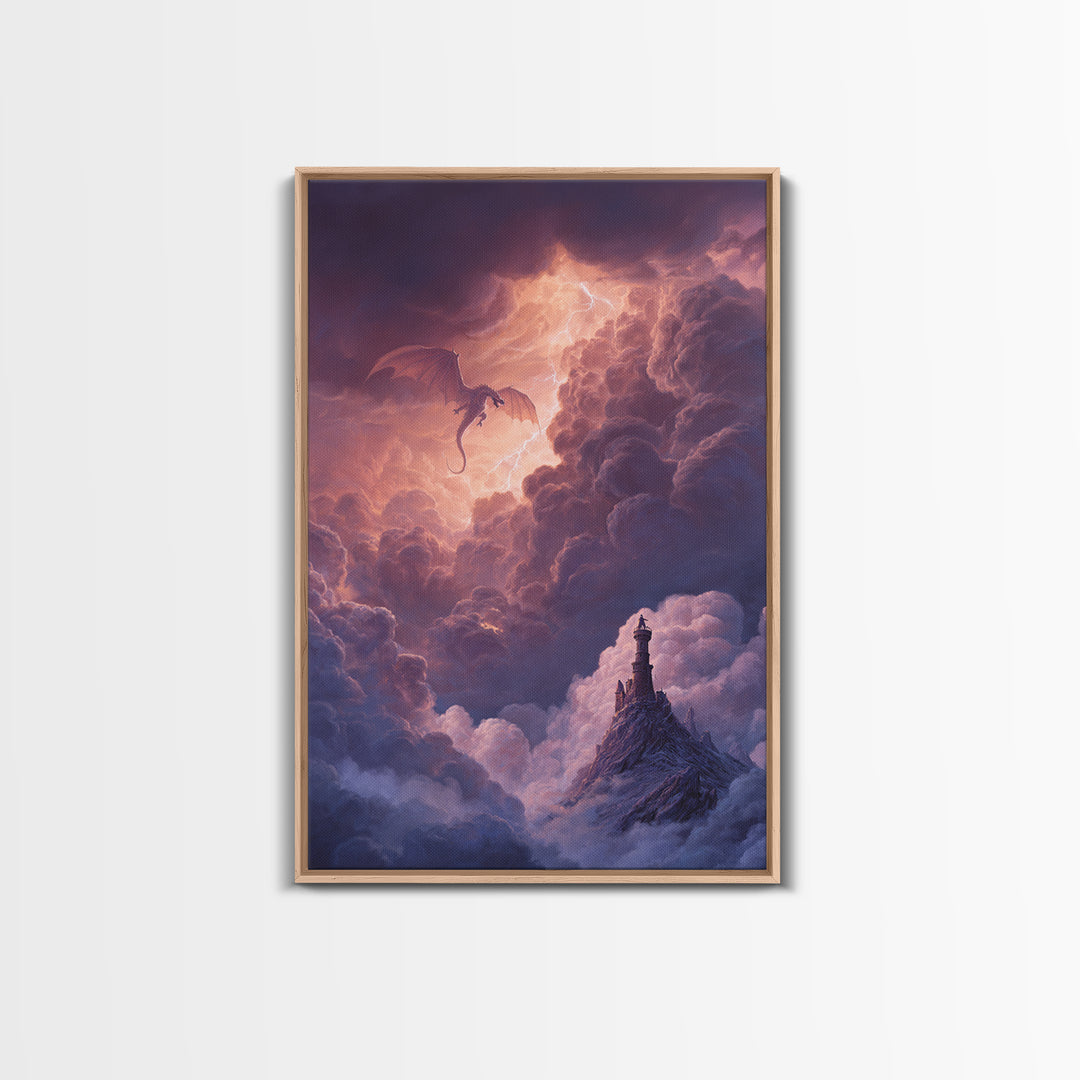 Dragon Flying Through Thunderclouds Framed Canvas Print, Fantasy Wall Art, Moody Sky Landscape, Castle Tower Decor, Epic Fantasy Gift