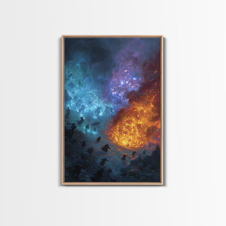 Elemental Fire And Ice Battle Wall Art, Epic Fantasy Canvas Print, Surreal Magic Landscape, Dramatic Warrior Decor, Adventure Artwork