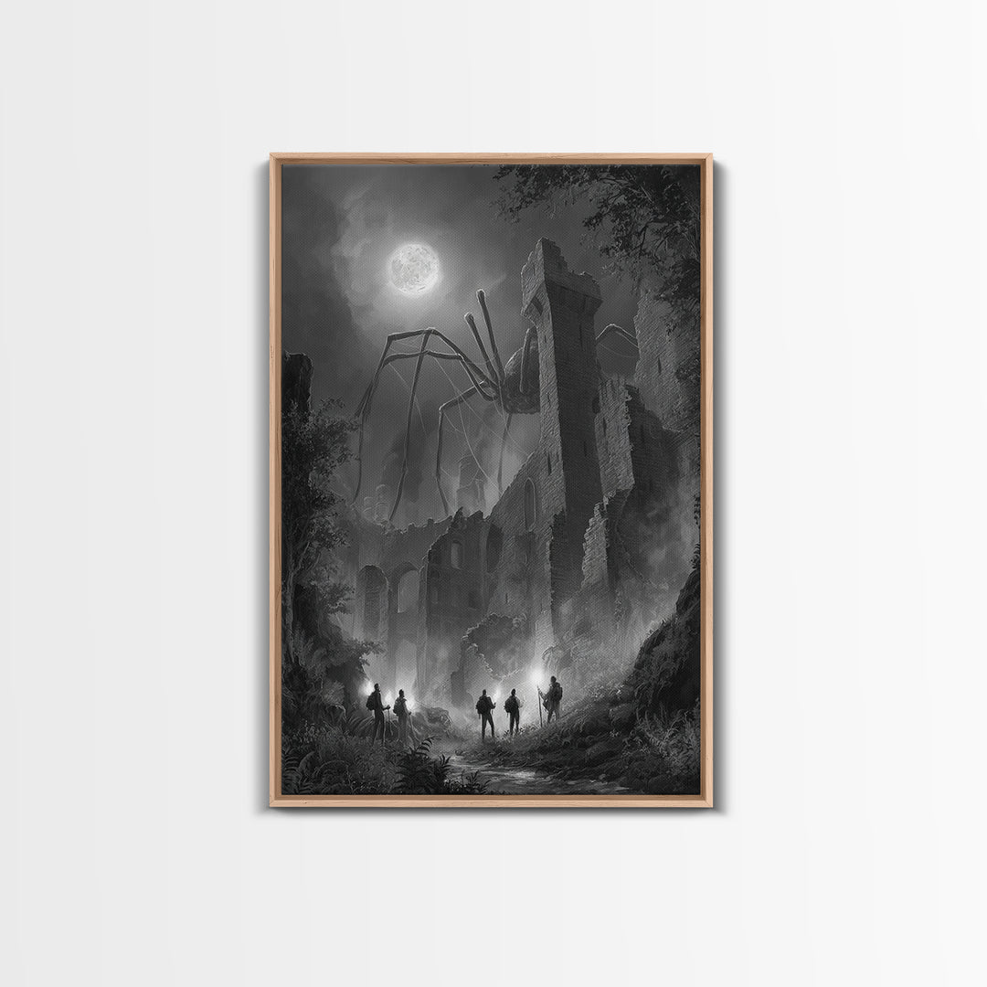 Giant Spider Haunting Moonlit Ruins Wall Art, Black And White Framed Canvas Print, Gothic Horror Decor, Creepy Fantasy Art