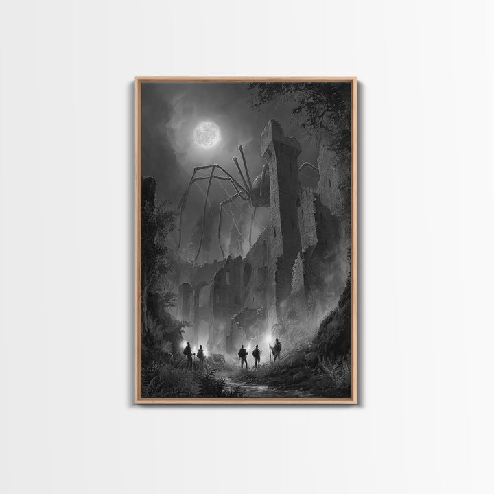 Giant Spider Haunting Moonlit Ruins Wall Art, Black And White Framed Canvas Print, Gothic Horror Decor, Creepy Fantasy Art