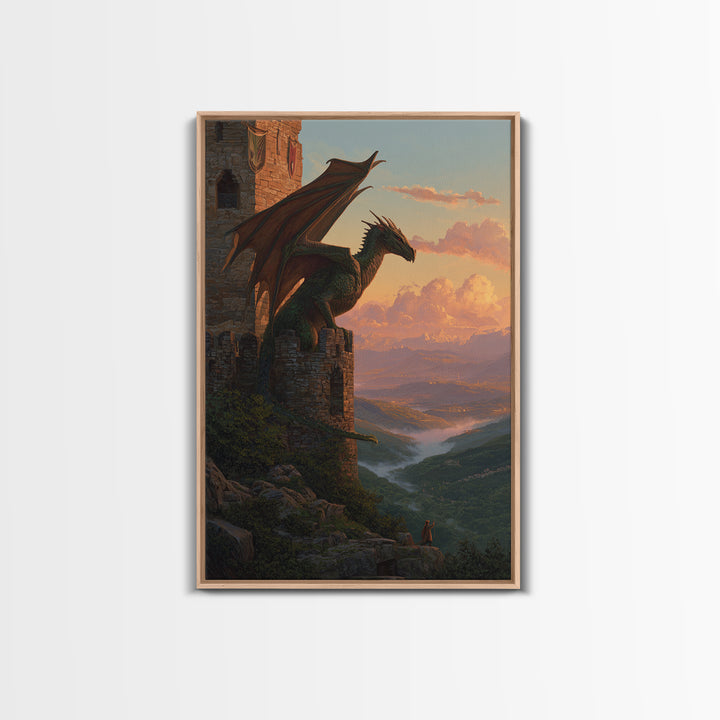 Green Dragon Guarding Mountain Castle Wall Art, Epic Fantasy Canvas Print, Medieval Valley Landscape, Statement Home Decor