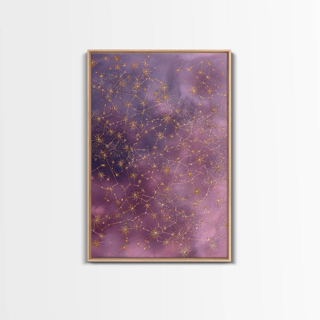 Gold Constellation Wall Art, Purple Astrology Sky Canvas, Celestial Zodiac Decor, Mystical Star Map Print For Bedroom Decor