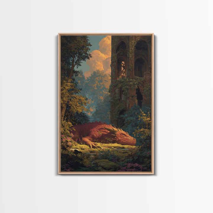 Sleeping Golden Dragon In Overgrown Ruins Canvas Print, Fantasy Wall Decor, Dragon Art, Storybook Castle Home Decor, Housewarming Gift