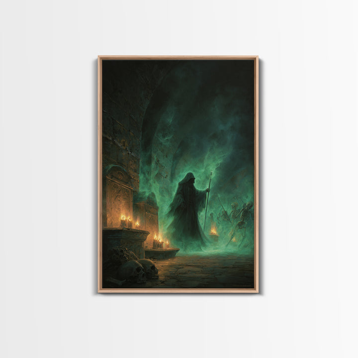 Green Necromancer Dungeon Wall Art, Dark Fantasy Canvas Print, Skeleton Gothic Decor, Witchy Macabre Home Decor, Gift For Him