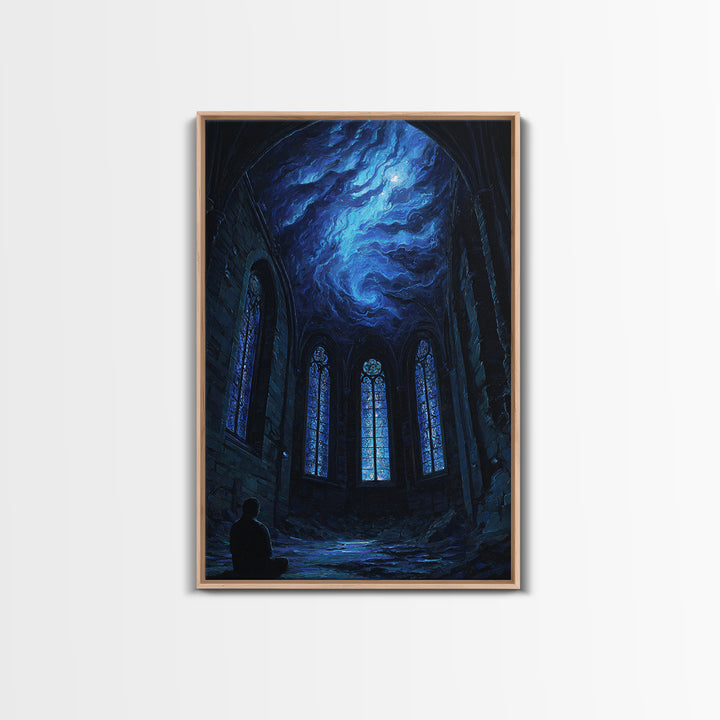 Blue Cosmic Chapel Ruins Canvas Print, Celestial Wall Art, Gothic Architecture Decor, Dark Academia Fantasy Art Print, Home Decor