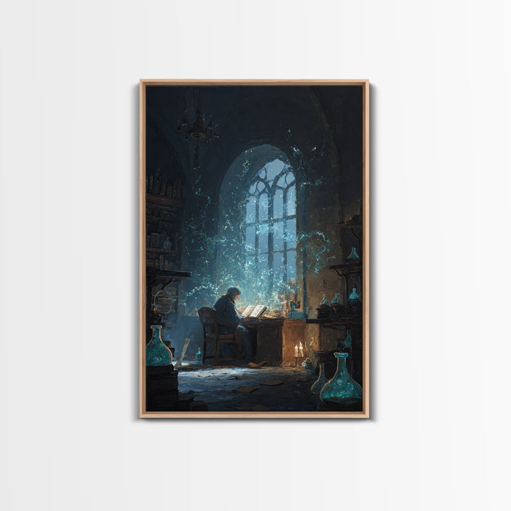 Alchemist Reading In Candlelit Library Framed Canvas Print, Dark Academia Wall Art, Wizard Study Decor, Bookish Gift For Readers