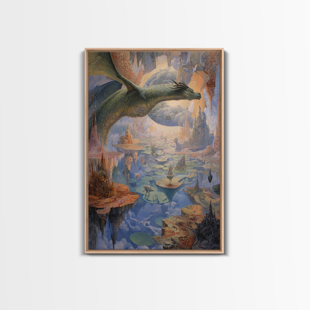 Giant Dragon Over Floating Kingdom Canvas Print, Fantasy Wall Art, Surreal Castle Landscape, Dreamy Storybook Decor, Gift For Her