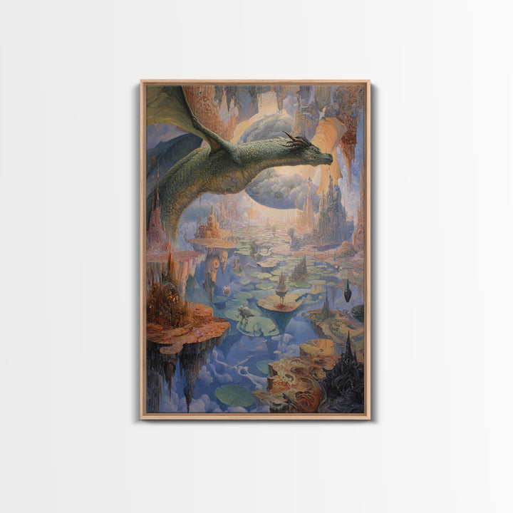 Giant Dragon Over Floating Kingdom Canvas Print, Fantasy Wall Art, Surreal Castle Landscape, Dreamy Storybook Decor, Gift For Her