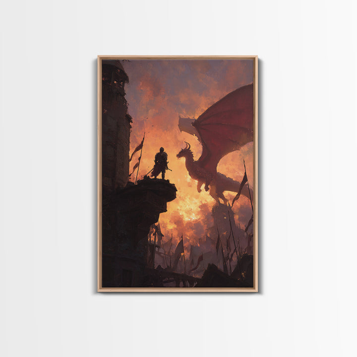 Knight Facing Red Dragon Wall Art, Epic Fantasy Canvas Print, Medieval Castle Decor, Dragon Artwork Gift For Him, Living Room Decor