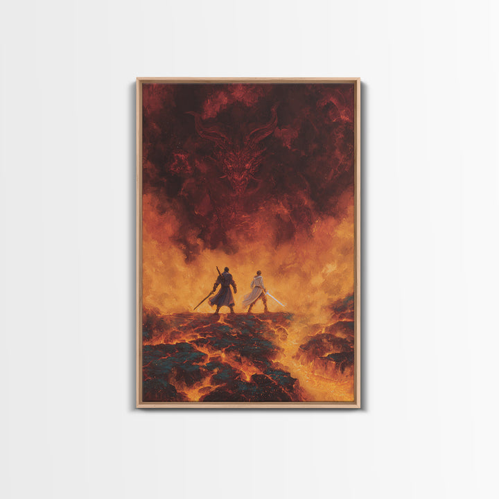 Fiery Demon And Lava Warriors Wall Art, Dark Fantasy Battle Canvas, Gothic Game Room Decor, Epic Dragon Gift For Him, Large Print