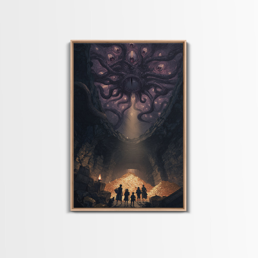 Eldritch Many Eyed Monster Framed Canvas Print, Dark Fantasy Cave Treasure Wall Decor, Gothic Horror Art For Game Room Gift