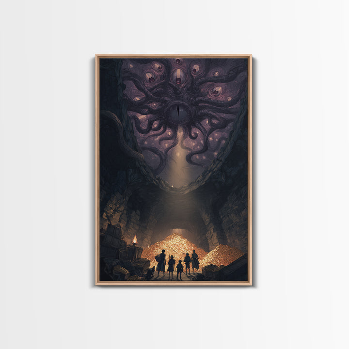 Eldritch Many Eyed Monster Framed Canvas Print, Dark Fantasy Cave Treasure Wall Decor, Gothic Horror Art For Game Room Gift