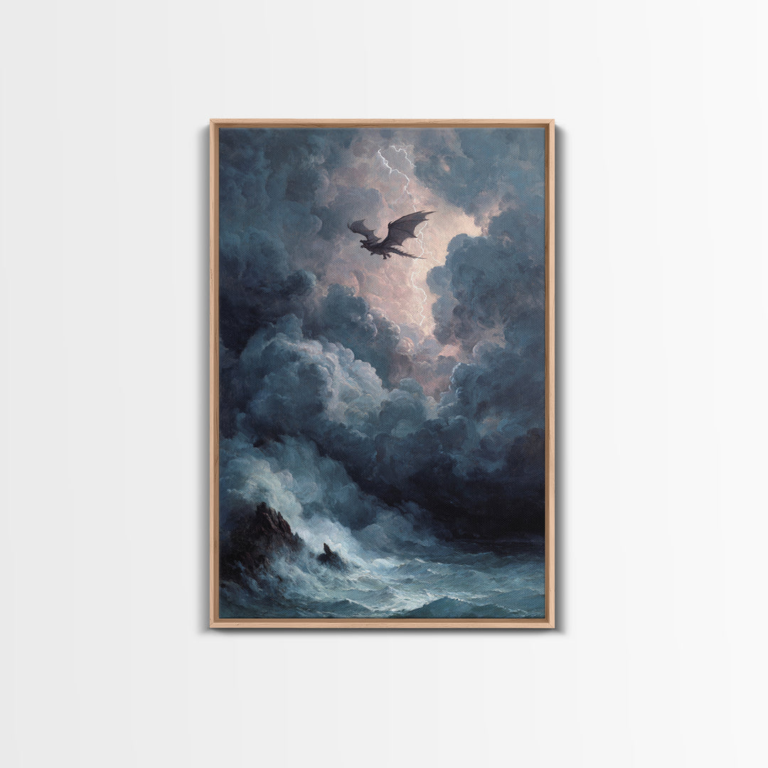 Storm Dragon Over Dark Ocean Wall Art, Gothic Fantasy Canvas Print, Moody Seascape Decor, Lightning Art Gift For Him, Large Print
