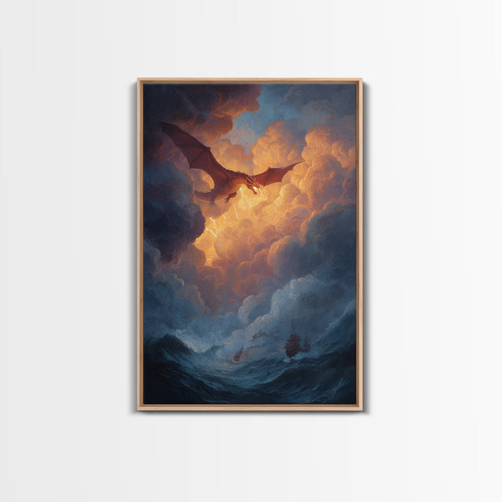 Golden Sky Dragon Above Stormy Sea Framed Canvas Print, Epic Fantasy Wall Art, Ocean Seascape Decor, Dragon Gift For Him