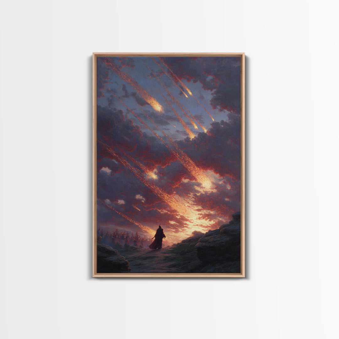 Falling Meteors Over Lone Traveler Wall Art, Apocalyptic Fantasy Canvas Print, Dark Landscape Decor, Dramatic Sky Art Gift