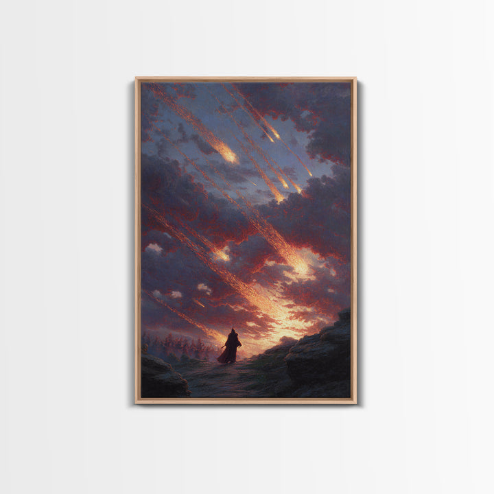 Falling Meteors Over Lone Traveler Wall Art, Apocalyptic Fantasy Canvas Print, Dark Landscape Decor, Dramatic Sky Art Gift