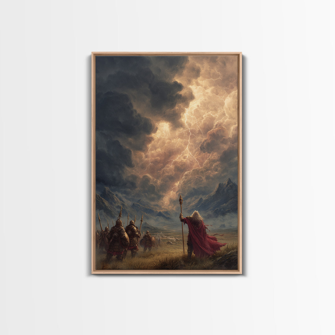 Warrior Army And Lightning Mage Framed Canvas Print, Epic Fantasy Wall Art, Mountain Landscape Decor, Viking Gift For Him