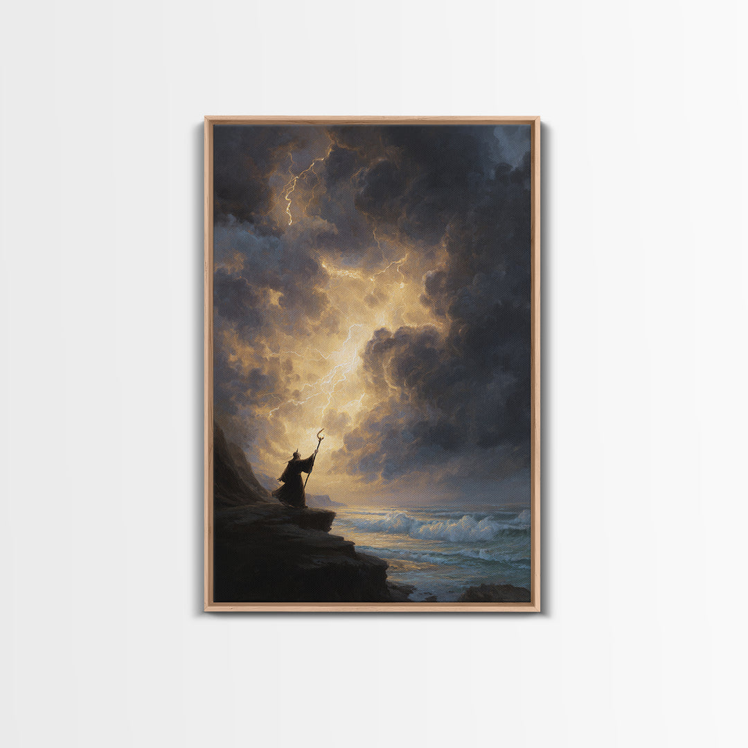 Storm Wizard On Sea Cliff Wall Art, Lightning Sky Canvas Print, Dark Fantasy Seascape Decor, Gothic Coastal Gift For Him