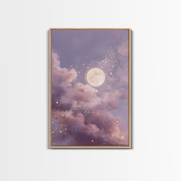 Glowing Moon And Star Cloud Wall Art, Lavender Celestial Canvas, Zodiac Constellation Decor, Dreamy Bedroom Print For Her
