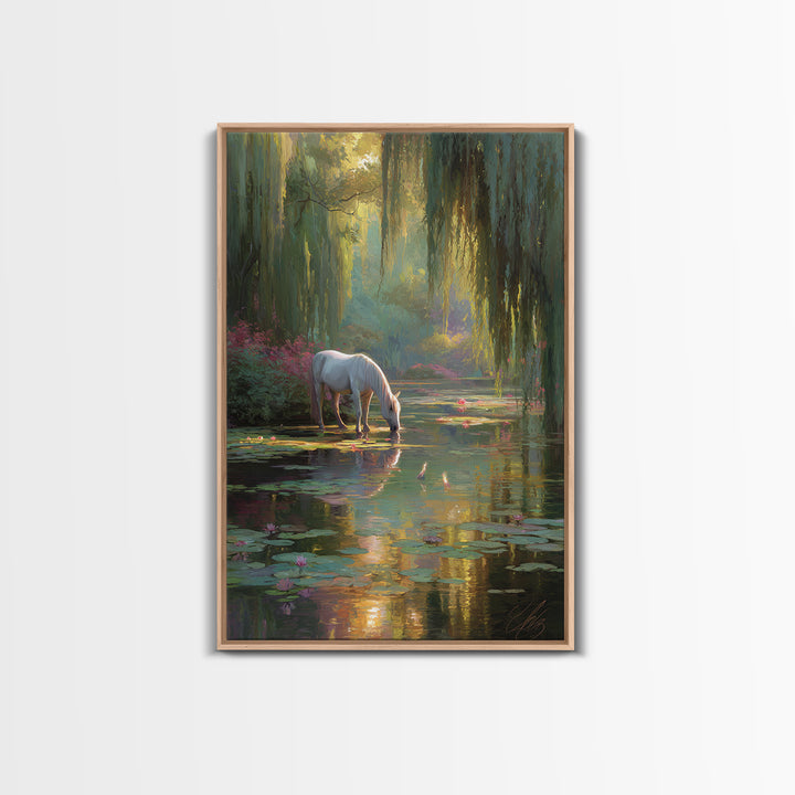 White Horse By Lily Pond Wall Art, Enchanted Forest Fantasy Canvas, Whimsical Nature Decor, Fairy Tale Living Room Art Print