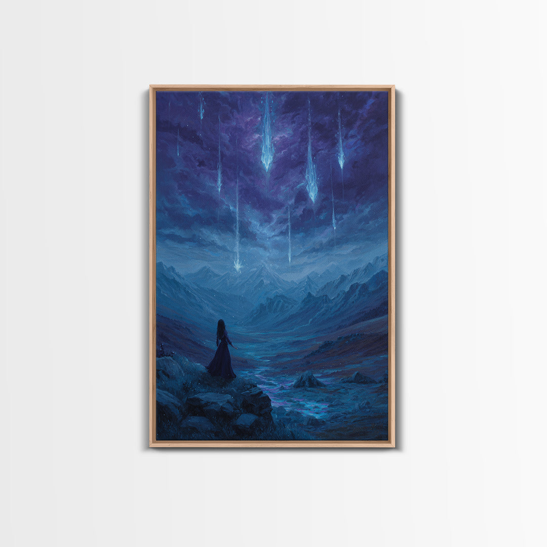 Celestial Meteor Valley Wall Art, Blue Mountain Fantasy Landscape, Mystical Night Sky Decor For Bedroom Or Office Canvas Print