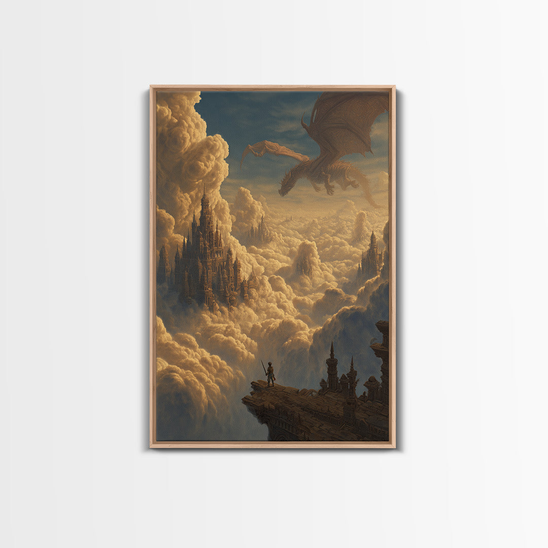 Dragon Over Cloud Kingdom Framed Canvas Print, Epic Fantasy Castle Wall Decor, Mythical Adventure Art For Gamer Room Gift