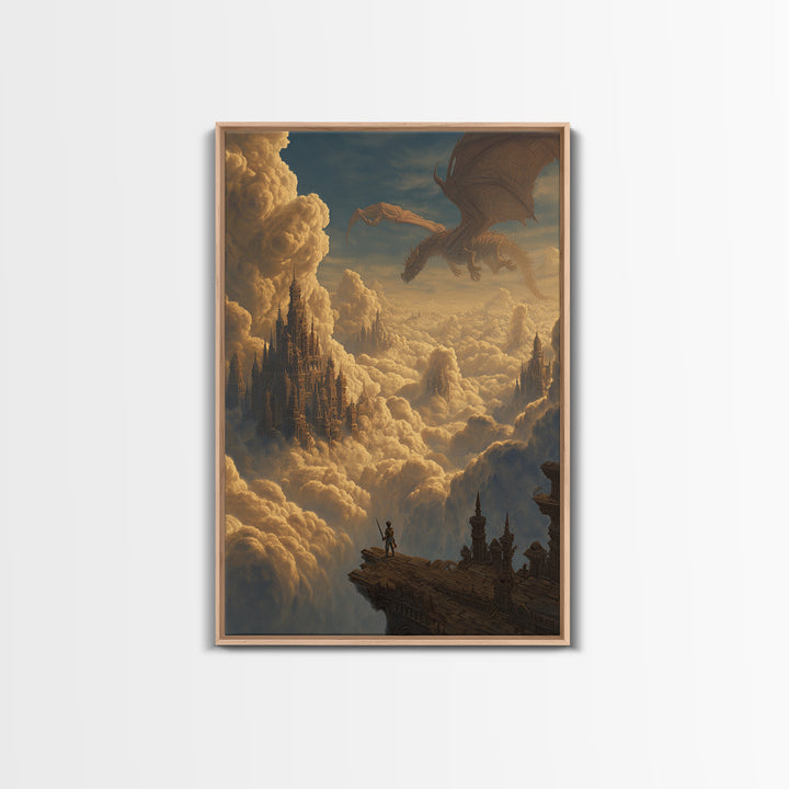 Dragon Over Cloud Kingdom Framed Canvas Print, Epic Fantasy Castle Wall Decor, Mythical Adventure Art For Gamer Room Gift
