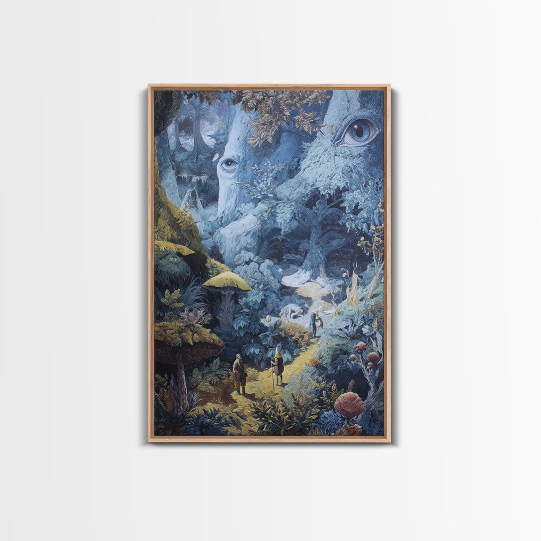 Ancient Forest Faces Wall Art, Surreal Mushroom Path Fantasy Illustration, Whimsical Woodland Decor For Reading Nook Canvas Print