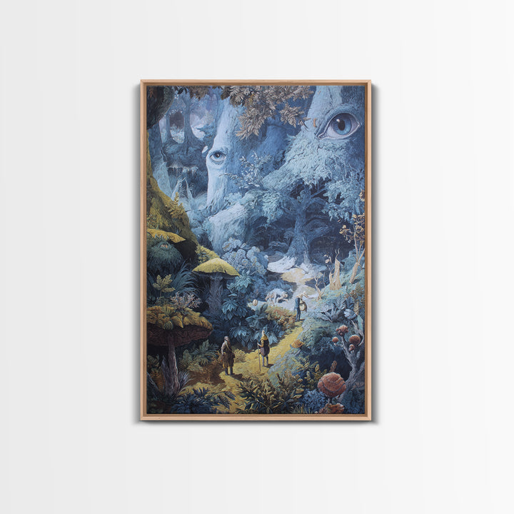 Ancient Forest Faces Wall Art, Surreal Mushroom Path Fantasy Illustration, Whimsical Woodland Decor For Reading Nook Canvas Print