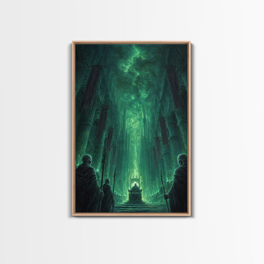 Emerald Gothic Throne Room Framed Canvas Print, Dark Fantasy Cathedral Wall Art, Moody Occult Decor For Office Or Library