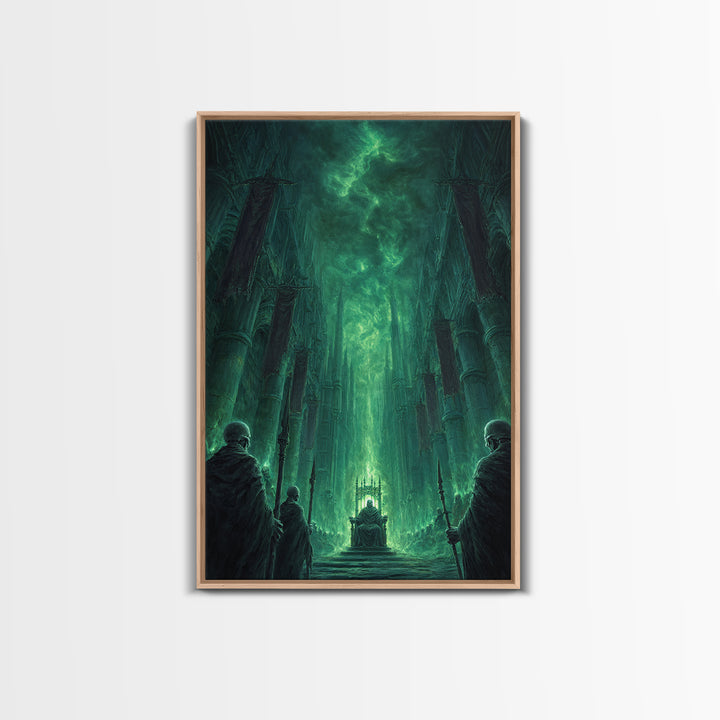Emerald Gothic Throne Room Framed Canvas Print, Dark Fantasy Cathedral Wall Art, Moody Occult Decor For Office Or Library