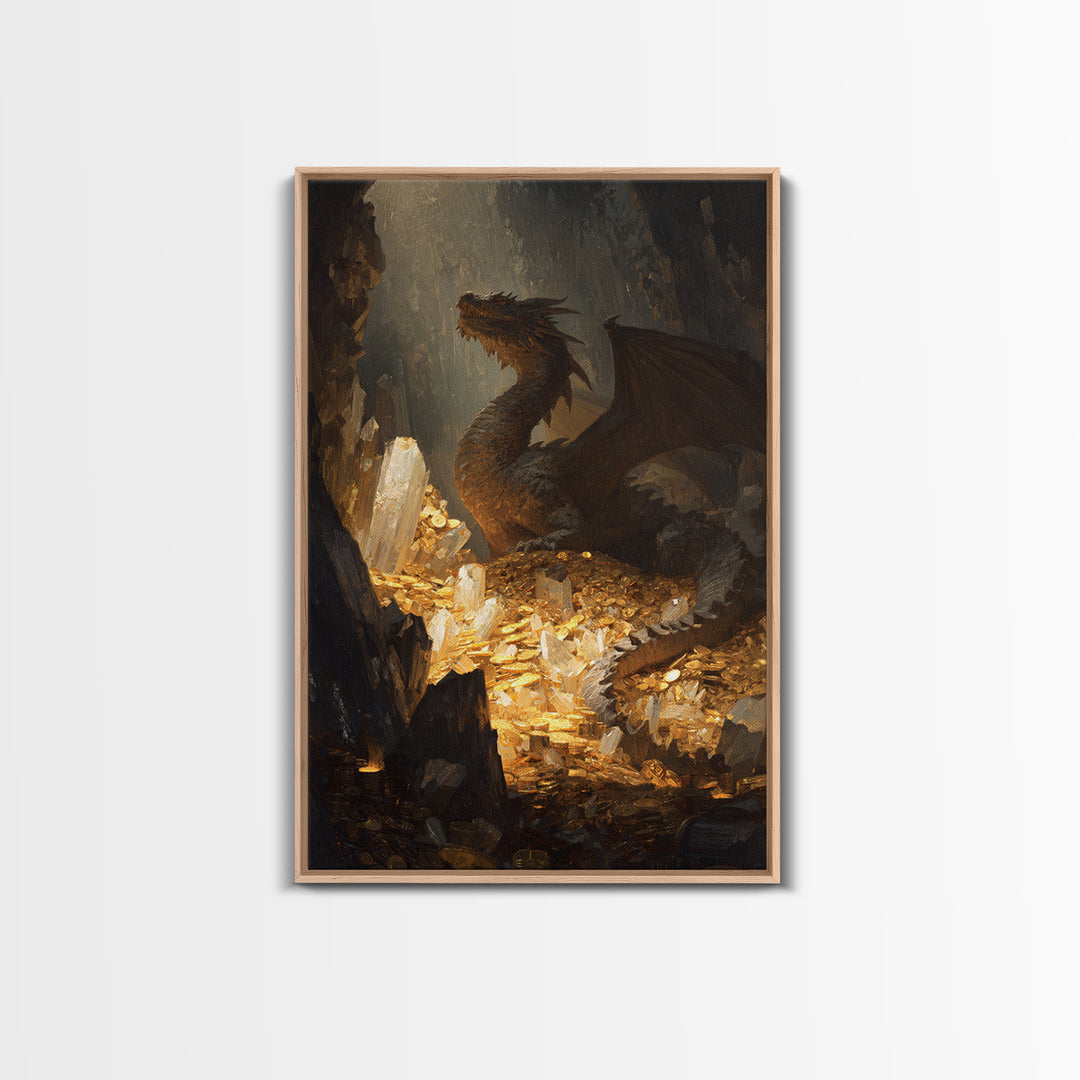 Dragon Guarding Crystal Treasure Framed Canvas Print, Dark Fantasy Cave Wall Art, Mythical Gold Hoard Decor For Gamer Room