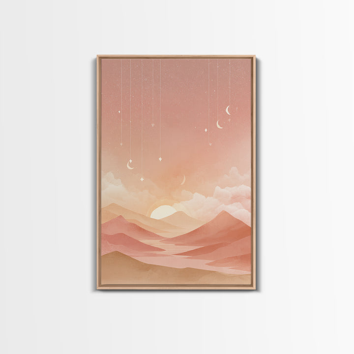 Peach Desert Sunrise Wall Art, Minimalist Moon Landscape Canvas, Boho Nursery Decor, Warm Neutral Bedroom Print Gift For Her