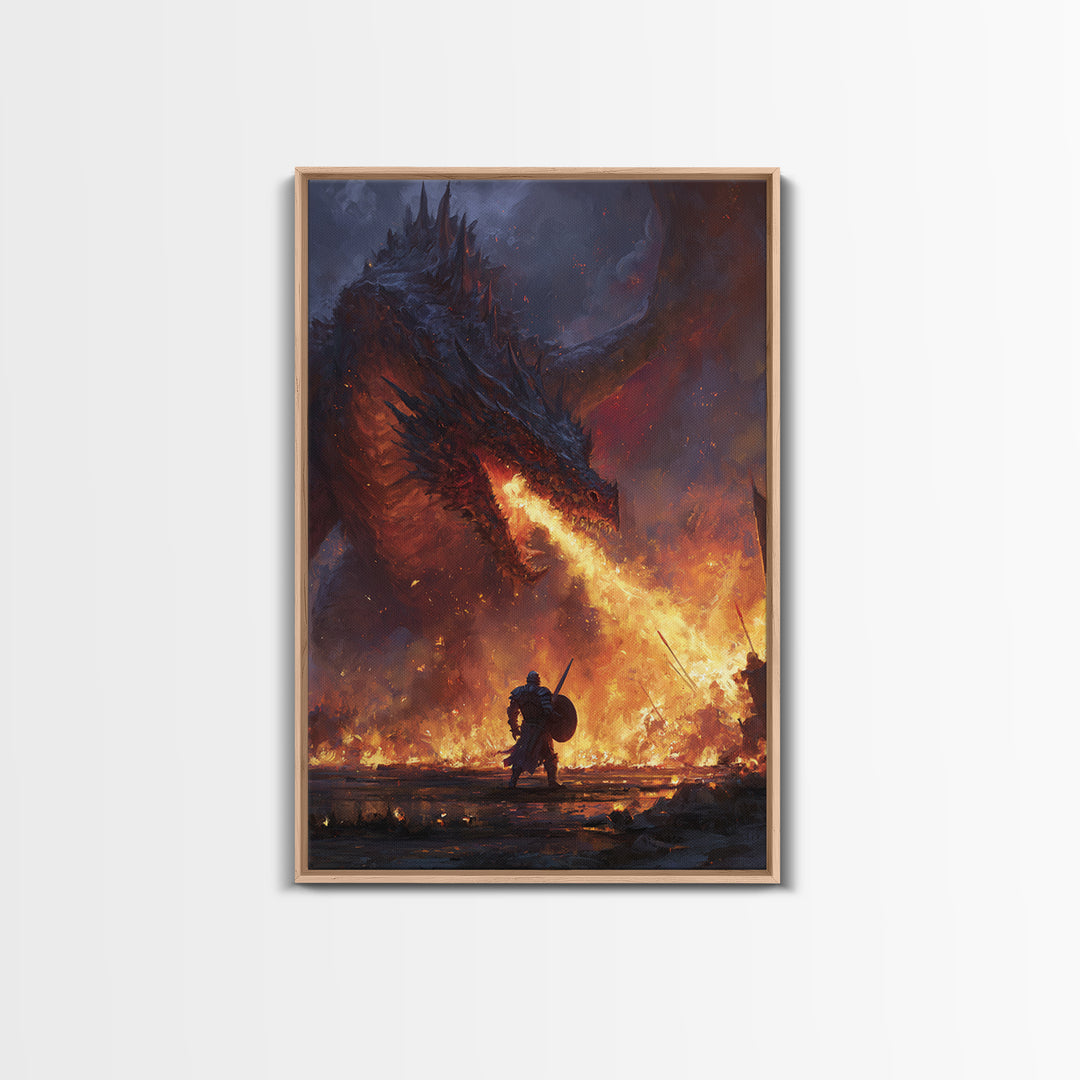 Fire Breathing Dragon Battle Wall Art, Dark Fantasy Canvas Print, Medieval Warrior Decor, Gothic Game Room Gift For Him Art