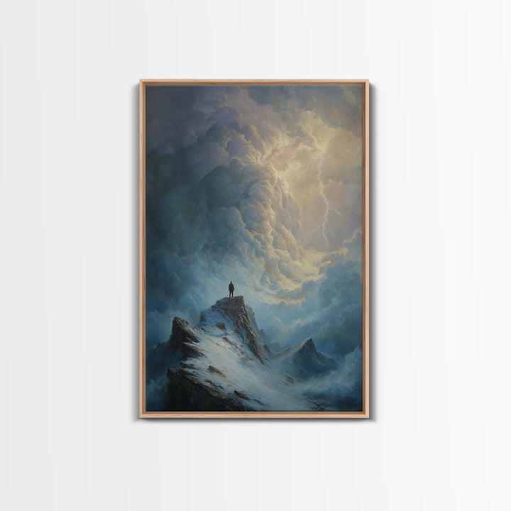 Lone Figure On Stormy Mountain Wall Art, Lightning Cloudscape Canvas Print, Moody Landscape Decor, Dark Academia Gift For Him