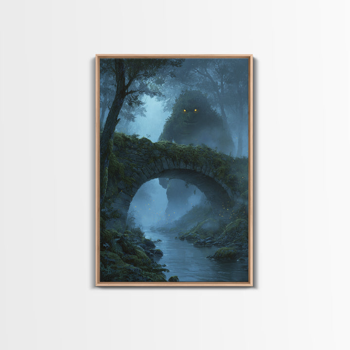 Glowing Eyed Forest Troll Wall Art, Enchanted Stone Bridge Canvas Print, Whimsical Fantasy Decor, Woodland Nursery Gift Art