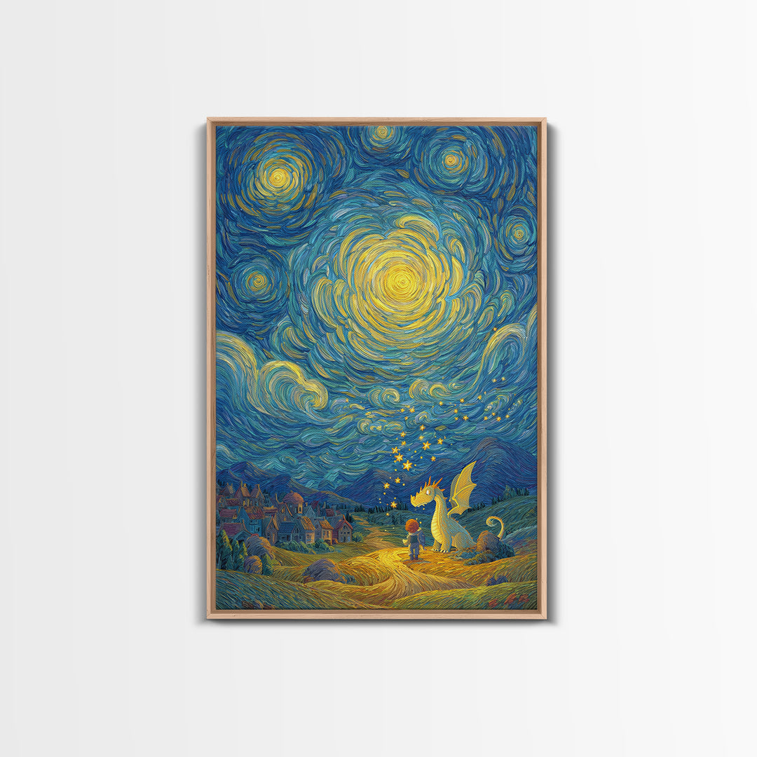 Star Swirled Child And Dragon Wall Art, Whimsical Fantasy Canvas Print, Nursery Decor, Celestial Kids Room Art Gift For Her