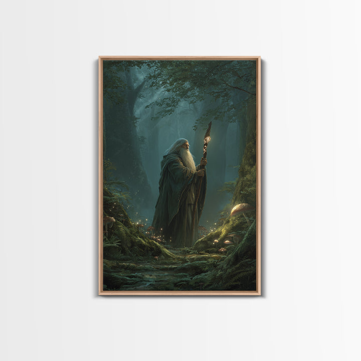 Ancient Wizard In Enchanted Forest Wall Art, Magical Mushroom Canvas Print, Dark Academia Fantasy Decor, Mystical Gift For Him