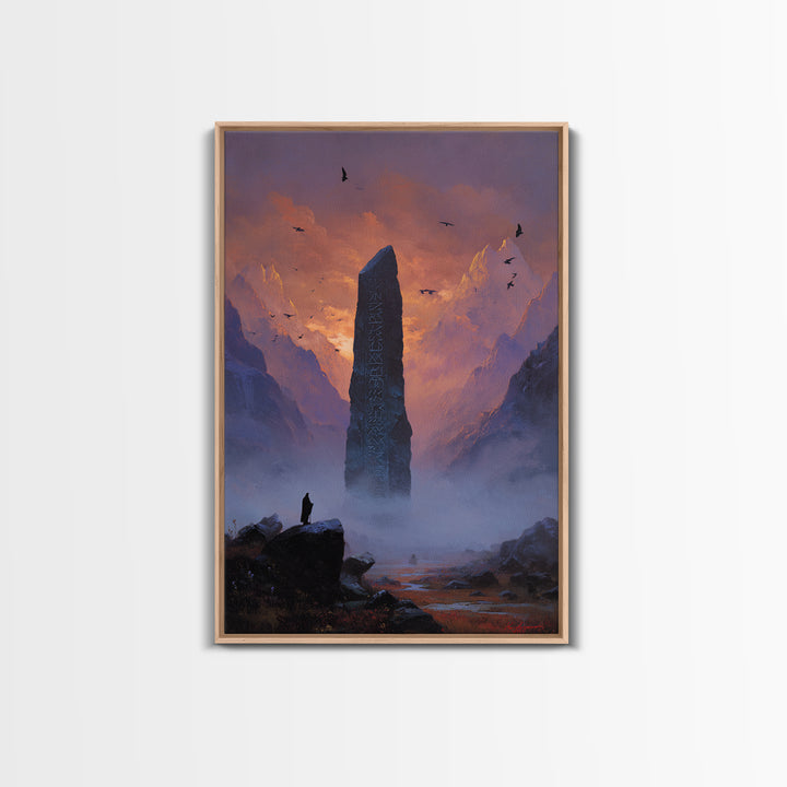 Misty Mountain Monolith Raven Large Canvas Print, Dark Fantasy Wall Art, Epic Landscape Art, Gothic Office Decor, Gift For Him